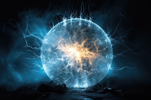 The ethereal ball of glowing energy hovers in the air emitting a soft and radiant light Its spherical shape is surrounded by wisps of electricity creating an enchanting and otherworldly scene