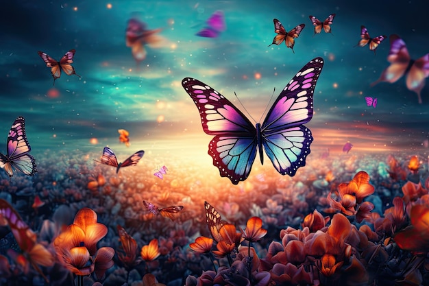 ethereal beautiful landscape with butterflies