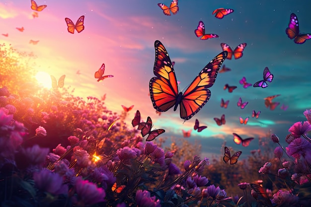 ethereal beautiful landscape with butterflies