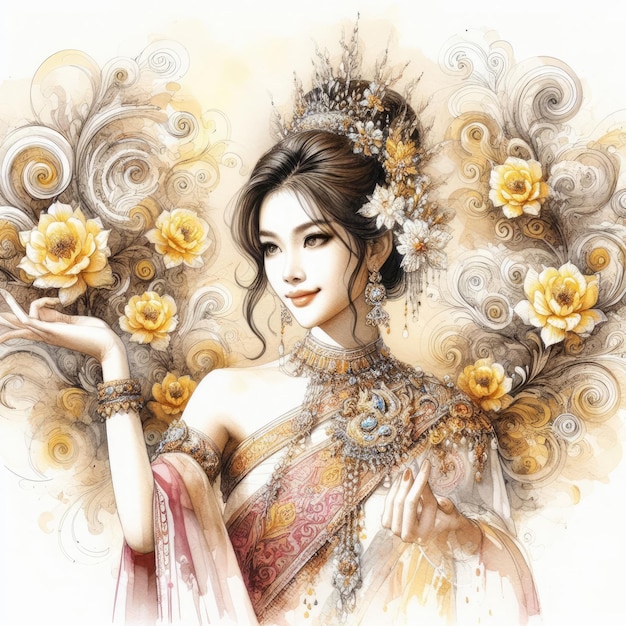 Эфирная красота среди цветущих гибискусов с тайской девушкой с генеративным ИИ
