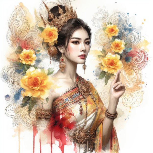 Ethereal Beauty Amidst Blooming hibiscus with Thai chut girl with Generative AI