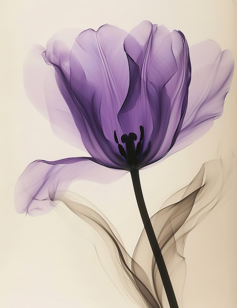 エーテリアルな美しさ 細な紫のチューリップの花 輝く光に捕らえられ 優雅さと輝きを放つ