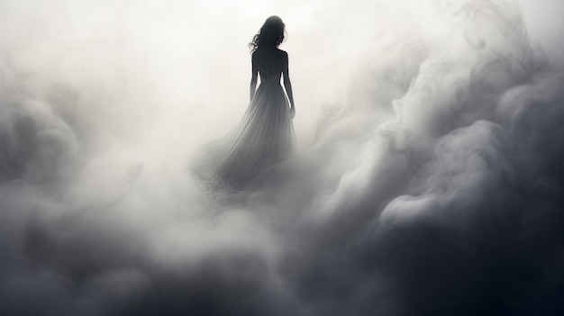 Эфирная красота, призрачно элегантная женщина, выходящая из тумана.
