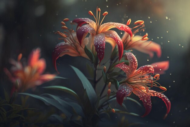 Ethereal Beauty of Lily Tree Crimson Glowing Blossoms on Branch Illuminated by Daylight and Snow