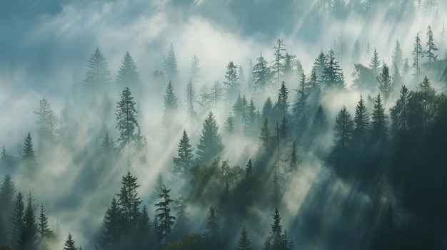 Эфирная красота утреннего тумана в лесной местности, сгенерированная ИИ