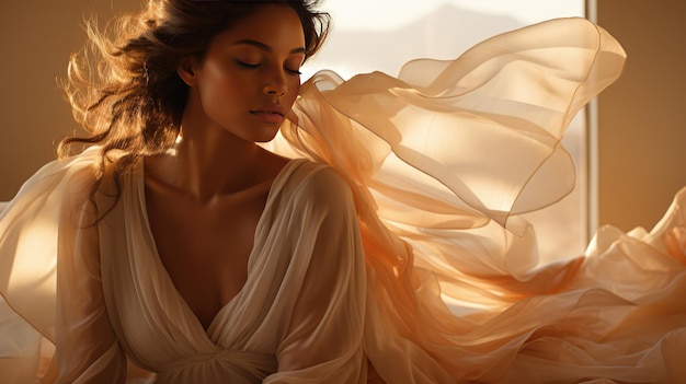 Ethereal Beauty Radiates Amidst Sunlit Flowing Silken Drapes