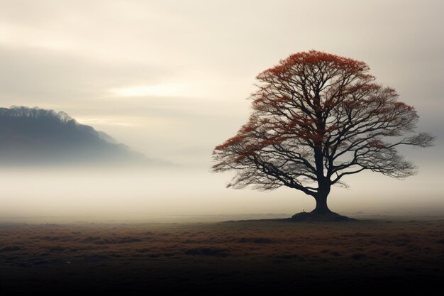 Foto la bellezza eterea dell'albero solitario sorge dalla nebbia nella solitudine.