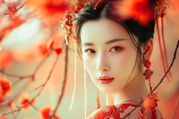 Photo ethereal beauty in traditional attire amidst blossoms