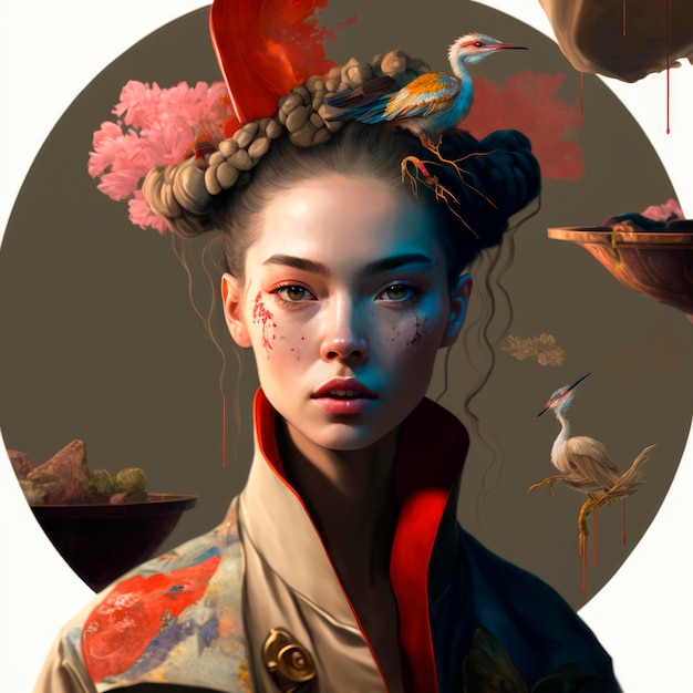 Ethereal beauty in traditional Japanese kimono adorned with birds and flowers hair in a bun with blue light reflections