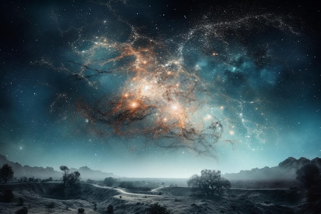 Эфирная небесная сцена со звездами, галактиками и космическими элементами, созданная с помощью генеративного ИИ