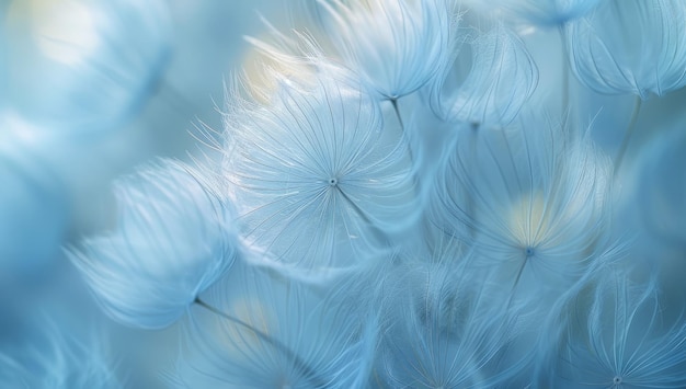 柔らかい青い色のエーテルダンドリオン種子 細な羽毛のダンドリオンの花頭 散らばった種子 軽さの概念 脆さと自然の美しさ