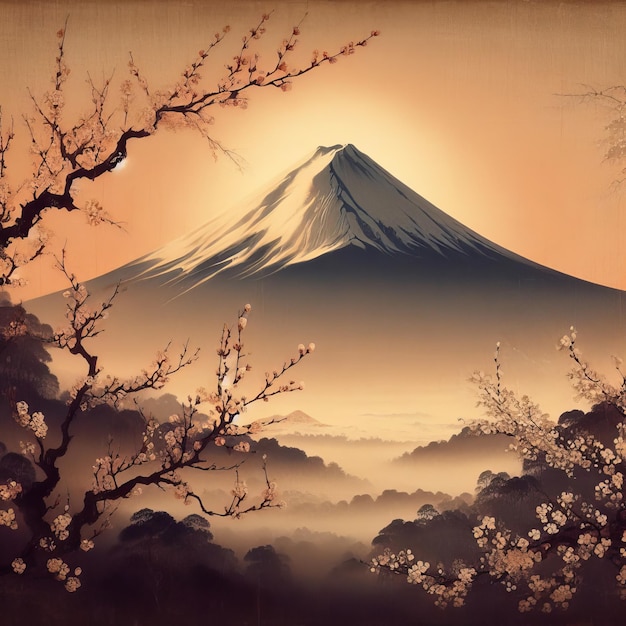 エーテルな夜明け 富士山と梅の花 静かな日本の傑作