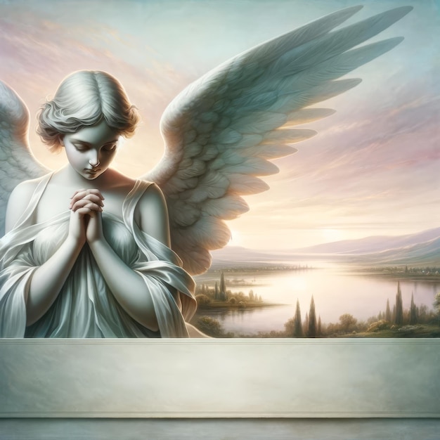 Ethereal Dawn Prayerful Angel and Pastel Landscape with Copyspace