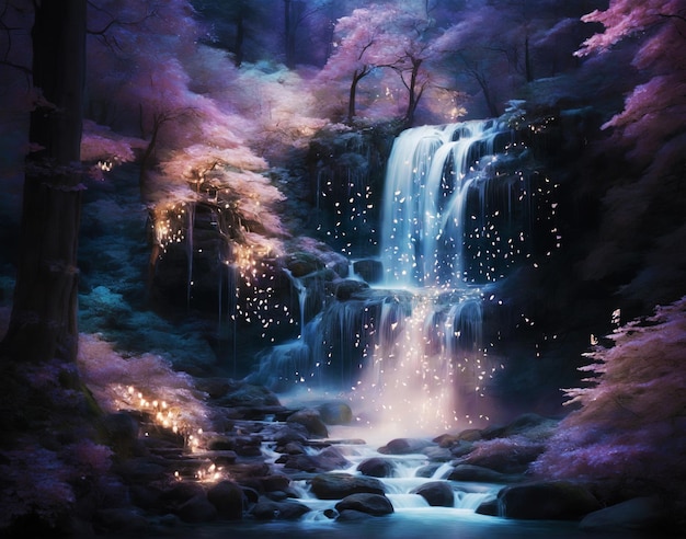 Ethereal dreamlike forest with glowing trees shimmering in the moonlight and delicate waterfall cascading down