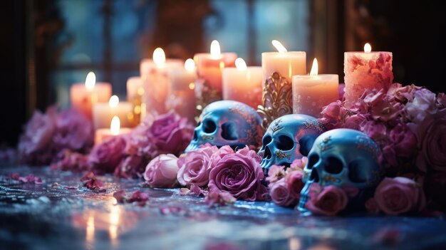 an ethereal dreamlike setting with floating candles delicate flowers and glowing sugar skull