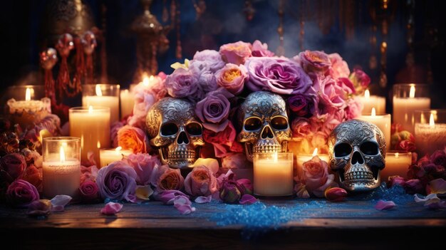 an ethereal dreamlike setting with floating candles delicate flowers and glowing sugar skull