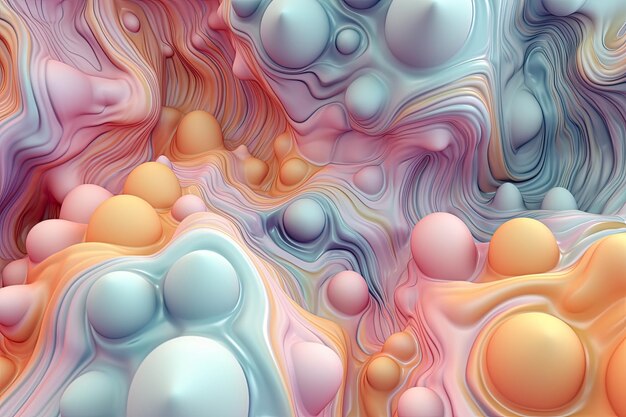 보라색과 청록색 액체가 흐르는 미묘하고 몽환적인 파스텔 배경 그림 Generative AI
