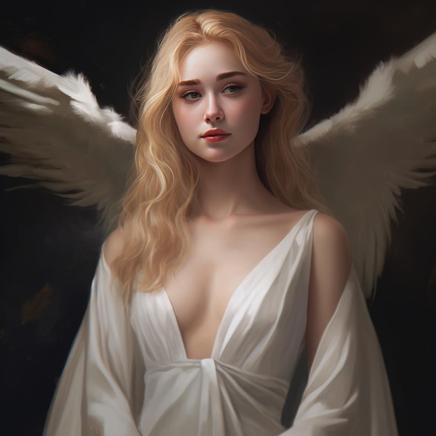 Ethereal Elegance A Photorealistic Oil Painting of a Stunning Blonde Anime Angel in a Deep VCut Wh
