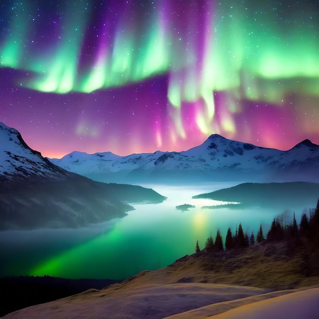 Photo ethereal elevation aurora and stars illuminate the night mountainscape