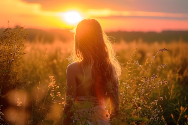 Photo ethereal embrace a woman enveloped by the sunsets glow