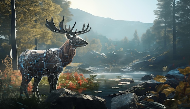 Photo ethereal encounter majestic deer gracefully gazes amidst enchanting forest canopy