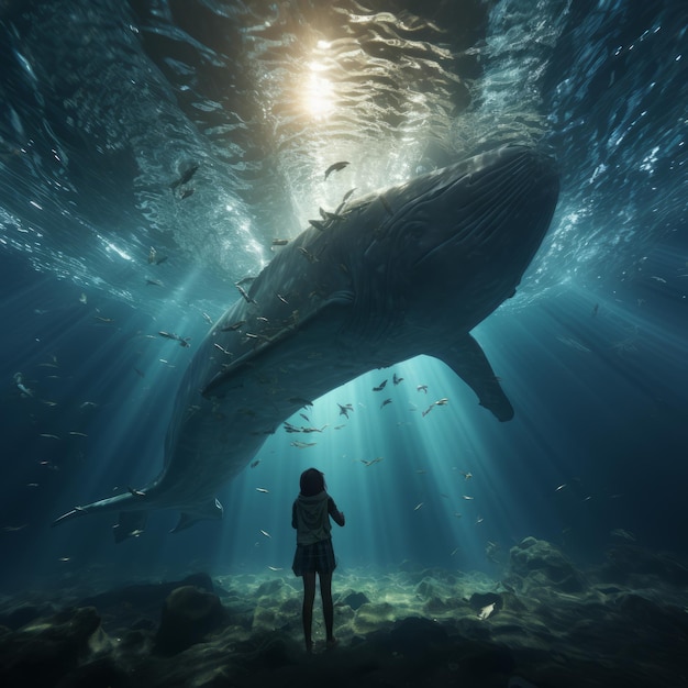 Ethereal Encounters A Majestic Dance Between a Girl and a Whales Deep in Ocean Depths