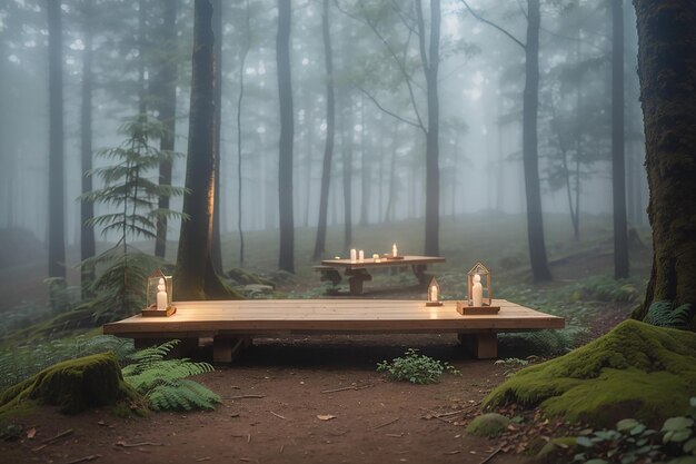 an ethereal fantasy bright forest clearing with a dining table in the middle with a gorgeous lace tablecloth drapped down