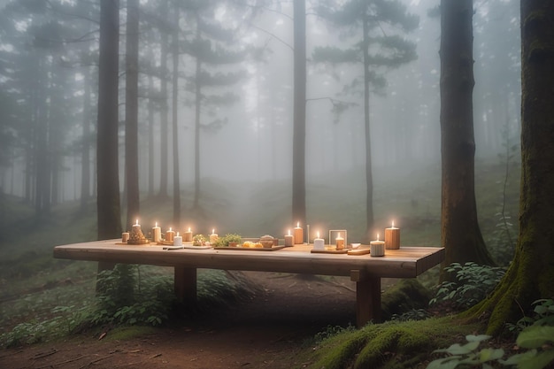 an ethereal fantasy bright forest clearing with a dining table in the middle with a gorgeous lace tablecloth drapped down