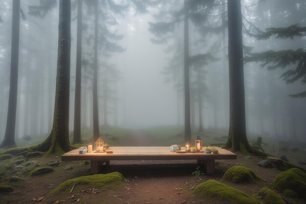 Photo an ethereal fantasy bright forest clearing with a dining table in the middle with a gorgeous lace tablecloth drapped down