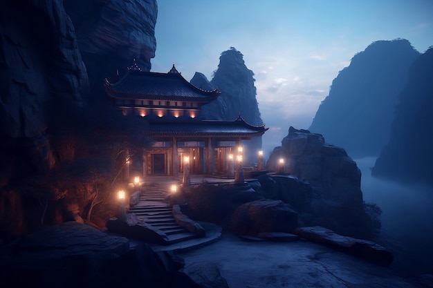 Эфирный фантастический горный пейзаж с древним китайским домом