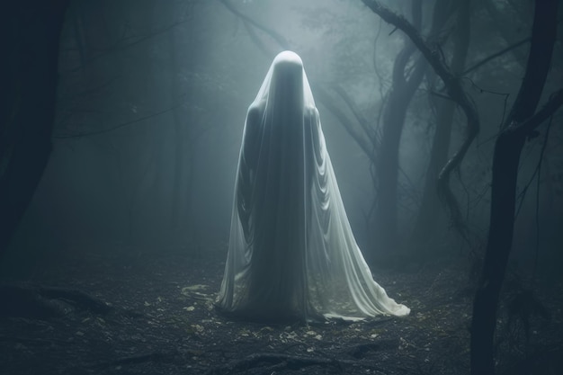 An ethereal figure draped in white standing amidst a foggy forest Generative AI