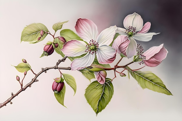 Ethereal floral dogwood branch in watercolor