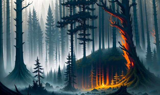 幻想的な森 霧の光線の中で成長する高い木 高品質の生成 AI 後処理