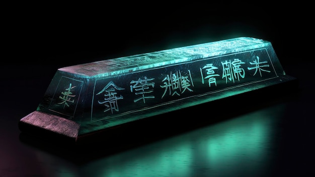 Ethereal Fusion Glowing Japanese Calligraphy Runes and Diagrams Adorn a Raw Tourmaline Crystal Shard