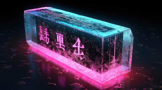 Ethereal Fusion Glowing Japanese Calligraphy Runes and Diagrams Adorn a Raw Tourmaline Crystal Shard