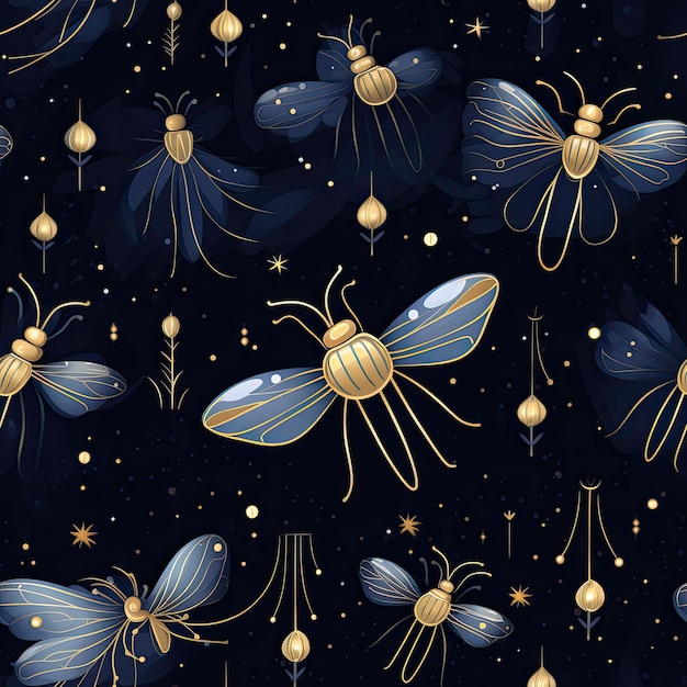 Ethereal glowing fireflies in the night sky