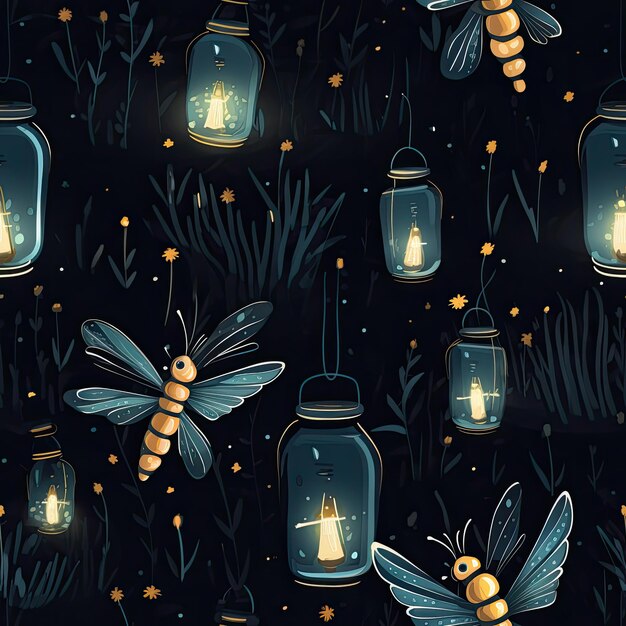 Ethereal glowing fireflies in the night