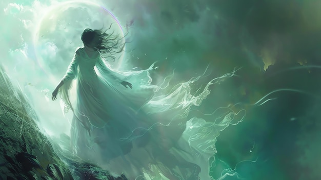 An ethereal green goddess stands on a cliff her long hair flowing in the wind She is wearing a flowing white dress and her feet are bare