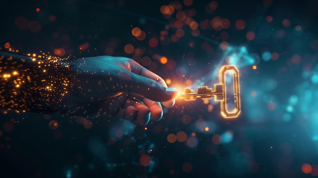 An ethereal hand presents a glowing digital key in a surreal 3D environment symbolizing cybersecurity digital access and the unlocking of virtual potentials