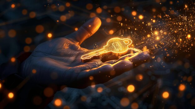 An ethereal hand presents a glowing digital key in a surreal 3D environment symbolizing cybersecurity digital access and the unlocking of virtual potentials