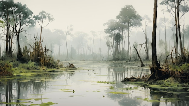 Ethereal Illustration Of Palm Trees In A Swamp