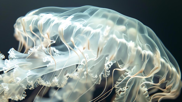 Foto una medusa eterea galleggia graziosamente attraverso le acque oscure dell'oceano i suoi delicati tentacoli si trascinano dietro di lei come un abito che scorre