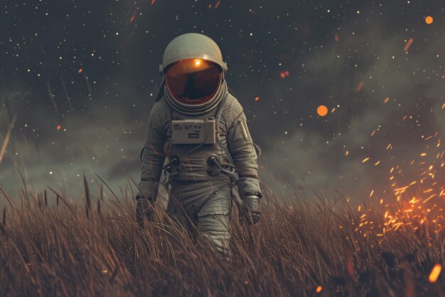 Ethereal Journey Astronaut Roaming Starlit Meadow