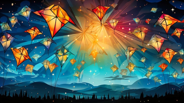 Ethereal Kites Illuminate Twilight Skies Above Tranquil Landscapes Bursting With Vibrant Hues And Mystery