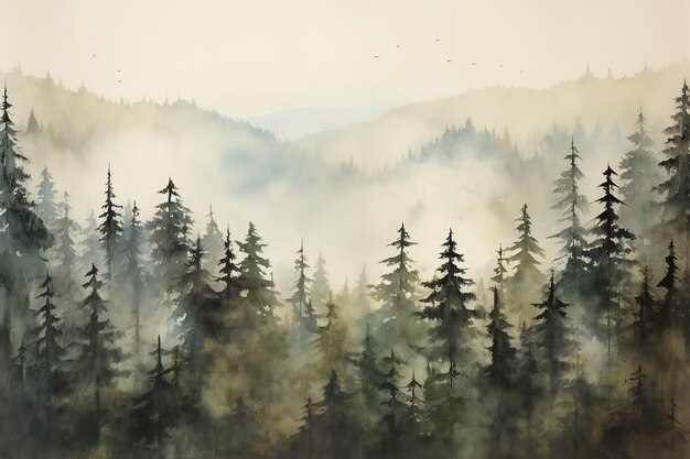 Ethereal Mist Vintage Monotype of Spruce Forest Landscape