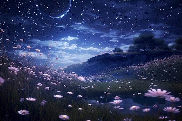 Ethereal moonlit meadow with flowers that bloom un 00277 00