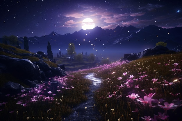 Ethereal moonlit meadow with flowers that bloom un 00277 02