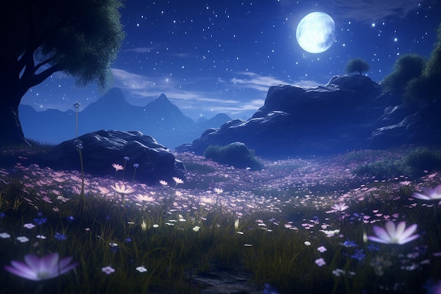 Ethereal moonlit meadow with flowers that bloom un 00277 03