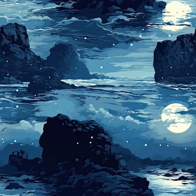 Ethereal moonlit seascape with silhouetted rocks