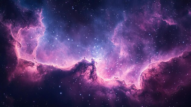 an ethereal nebula in shades of lavender and pink with swirling clouds of gas and dust illuminated by the soft glow of distant stars